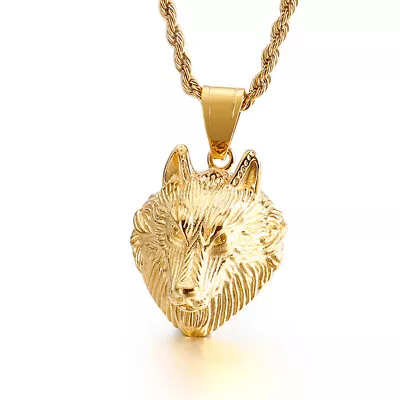 Gold Wolf Pendant Chain Necklace Stainless Steel Jewelry For Mens Boys Gifts • $9.99