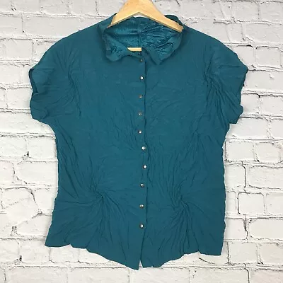 BABETTE SF Top Womens XS Teal Green Blue Short Sleeve Crinkle Snap Up Microfiber • $36.88