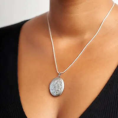 Silver Plated Floral Oval Locket Sterling Silver Chain Women Girls Gift • £7.99