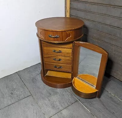 Vintage Mid Century Retro Teak Barrel Jewelry Cylinder Box Chest Of Drawers • $90