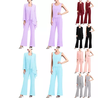 Women Chiffon 3 Piece Suit Set Mother Of The Bride Pantsuit Tank Top Jacket Pant • $27.80