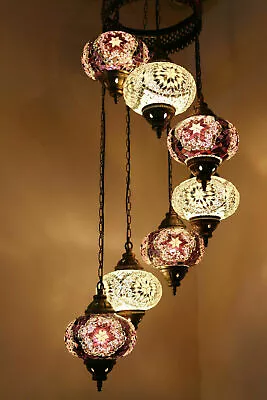 Turkish Moroccan Mosaic Lamp Hanging Ceiling Chandelier Lamp Light 7 Large Globe • $362.02