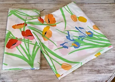 2 Vintage Springmaid Bold Floral Tulip Poppy Iris Twin Flat Sheets Mod - READ • $19