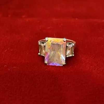 VTG Sterling Silver .925 Large Aurora Borealis Rectangular Shape Stone Ring SZ 7 • $44