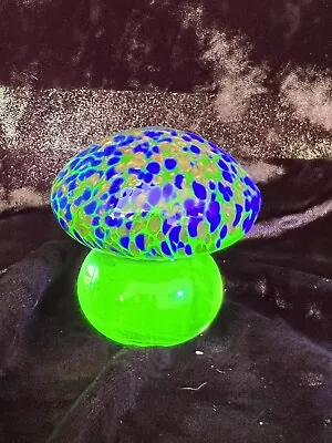 Uranium Glass Mushroom Blue & Gold Cap Paperweight • $33