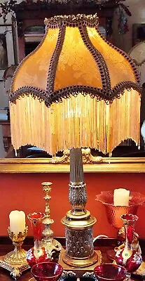 Mitford. Victorian Glass Beaded Lampshade. Vintage Dark Gold Silk Damask 14  • £190