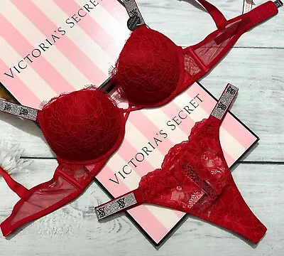 Victoria's Secret Shine Strap VS Logo Bombshell Lace Push Up Bra Thong Set Red • $161.02