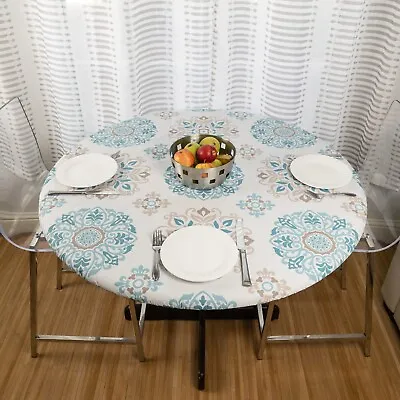 Round Vinyl Tablecloth Fitted Elastic Flannel Backed Table Cover Indoor/Outdoor • $9.99