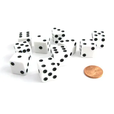 Set Of 10 Six Sided Square Opaque 16mm D6 Dice - White With Black Pip Die • $7.50