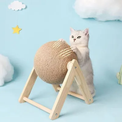 Wooden Cat Scratching Ball Sisal Rope Rotating Scratch Toy Scratching Posts • £8.95