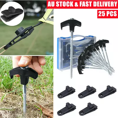 $30.99 • Buy Camping Tent Pegs Screw Steel In Ground Camping Stakes&Tarp Clips Canvas Clamps
