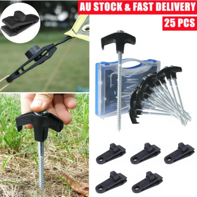 $30.99 • Buy Camping Tent Pegs Screw Steel In Ground Camping Stakes&Tarp Clips Canvas Clamps