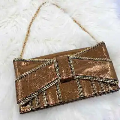 $60 • Buy Z Spoke By Zac Posen Shoulder Bag Cracked Bronze Gold Leather Bow Detail EUC
