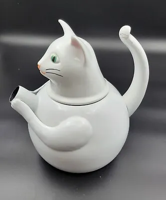  VTG 80s COPCO Cat TEA KETTLE White Enamel On Steel  2.5 Quart Tea Pot • $24