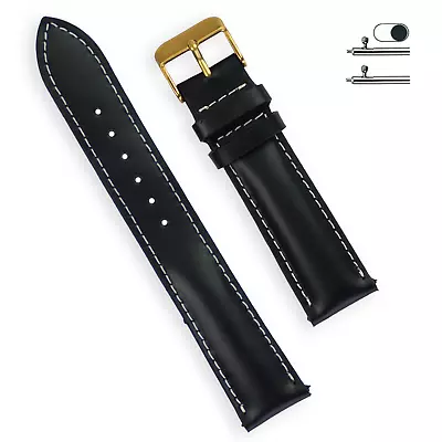 18mm Black Watch Band Men Gold Buckle Genuine Leather White Stitched Handmade • $15.29