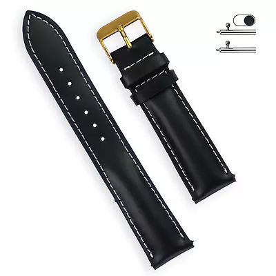 19mm Black Watch Band Men Gold Buckle Genuine Leather White Stitched Handmade • $15.29