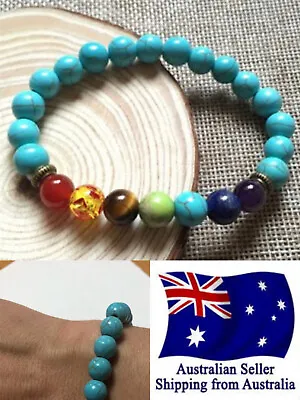 New Chakra Bracelet Healing Lava Stone 7 Bead With 8mm Turquoise Stone Bead 1pc • $5.95