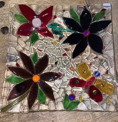 Gorgeous Mosaic Glass Serving Platter Colorful Flowers Unique 10 1/2” Square • $10