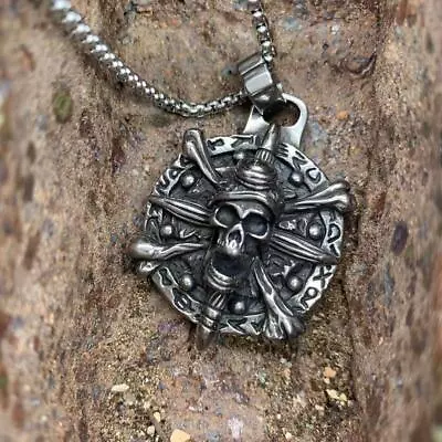 Pirate Skull Mens 24 Inch Motorcycle Club Biker Pendant Necklace Stainless Steel • $7.99