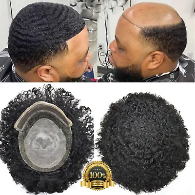 Mens Toupee Lace Front Afro Curl Black Human Hairpiece African American Wig PU-B • $199