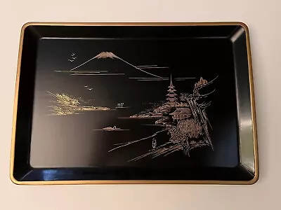 Large Vintage Japanese Black Lacquer Serving Tray With Gold Trim • $24