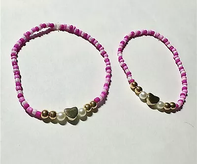 2pcs Mother’s Day Pink Heart Bracelets Matching Love Beads Gift Luck Elastic • $5