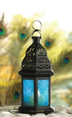 Moroccan Blue Glass Candle Holder Light Stand Lantern  Candlestick Lamp Home Dec • $17