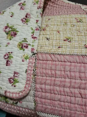 Vintage Heavy Cotton Patchwork Bedspread Quilt King Size Pink Floral Designer  • £95