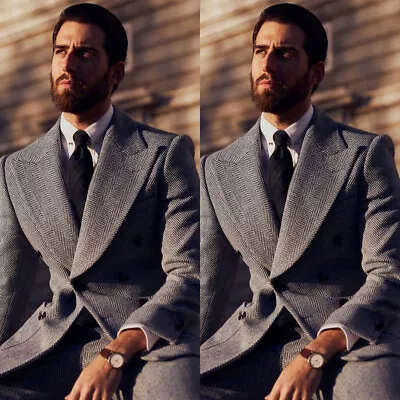 Handsome Men Suit Herringbone Slim Jacket Spring Grey Coat Pants Business Custom • $115.63