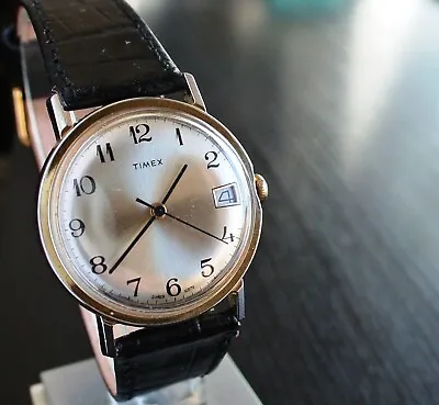 Vintage Timex 1979 Date Mechanical Hand Wind Up Men's Golden Black Leather Watch • $74.99