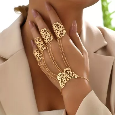 Exaggerated Butterfly Finger Ring Bracelet 18K Gold Plated Alloy Hand Jewelry • £5.99