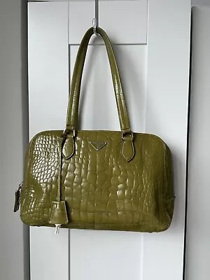 Prada Vintage Green Crocodile Cocco Stamped Shoulder Handbag Bauletto • $399.99