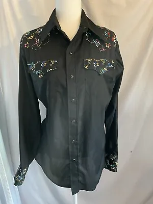 Vintage Western Shirt Womens M Black With Colorful Embroidery  • $29