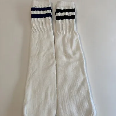 TRUE VINTAGE Cotton TUBE SOCKS With 2 Stripes NAVYBlue&Blacksize 10-13U.S.A. • $19.96