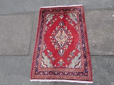 Vintage Hand Made Traditional Rug Oriental Wool Red Small Rug 91x61cm • £65