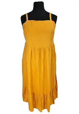 OLD NAVY Women Plus Size 2X Yellow Mustard Ruffle Midi Dress Smocked Spaghetti • $16.79