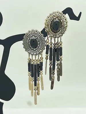Quoc Turquoise QT Sterling Silver Black Onyx Dangle Earrings 2-1/8” 5.2g • $39.99