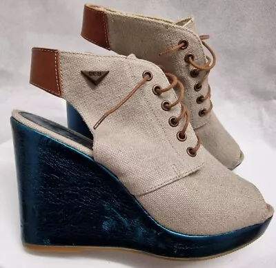 Diesel Stone Beige Brown Metallic Blue Cotton Canvas Wedge Shoes Boots Size 4 • £20