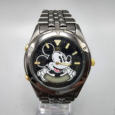 Vintage Seiko Mickey Mouse Watch Men Black Gold Tone Analog Digital PARTS REPAIR • $31.99