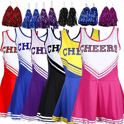 Cheerleader Fancy Dress Costume Outfit + Pom Poms - High School Uniform UK • £13.95