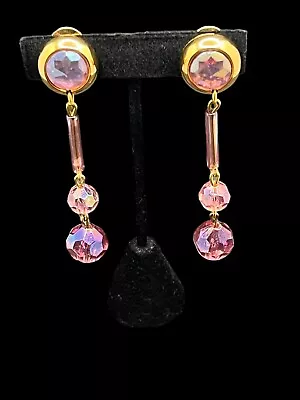 Vintage Pink Lucite Art Deco Style Long Clip On Earrings With Gold Tone Metal • $4.99