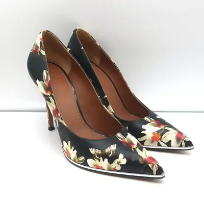 Givenchy Butterfly Floral Print Pumps Black Leather Size 38 Pointed Toe Heels • £240.14