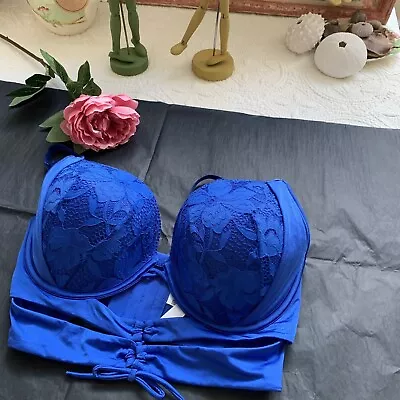 Bras N Things RN 15763 Bra Sz 12E Lace Underwire Four Hooks New Electric Blue • $32