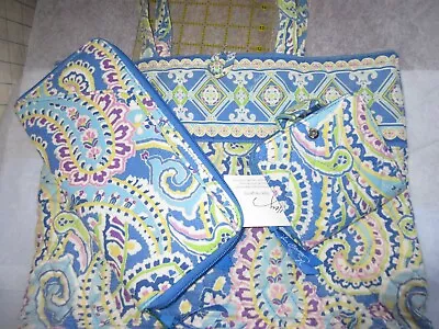 3 Piece Vera Bradley CAPRI BLUE Tote Bag Purse Zip Travel Organizer Snap Wallet • $34.29