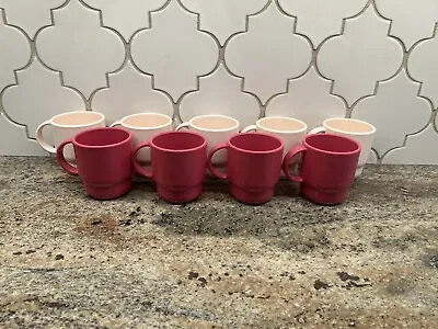 Vintage Tupperware Set Of 9 Stackable Coffee Tea Mugs 2224A Ivory Rose Pink • $13.30