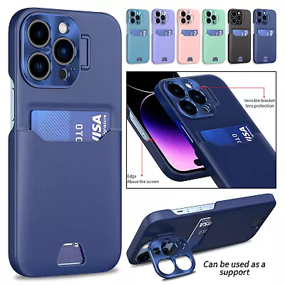 For IPhone 14 Pro Max 13 12 Slim Leather Card Case Metal Camera Lens Cover Stand • $6.57