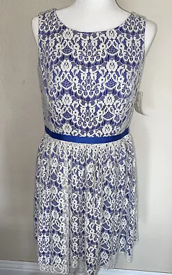 Shoshanna Blue Satin White Lace Dress 8 Tea Party Fit Flare Twirl Wedding Shower • $41.99