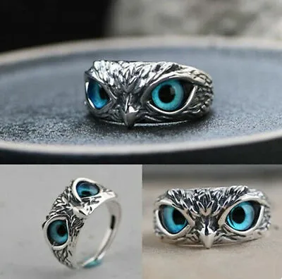 Fashion 925 Silver Blue Eye Owl Ring Women Jewelry Gift Animal Rings Adjustable • $1.01