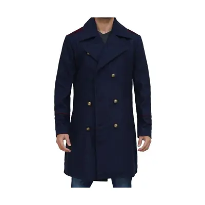 Navy Blue Wool Coat With Wide Notched Lapels Mens Peacoat • $146.34