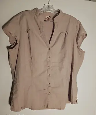 Womans Tan Mandarin Collar Shirt Snap Front Smock Shirt Size 18w/20w Stretch  • $10